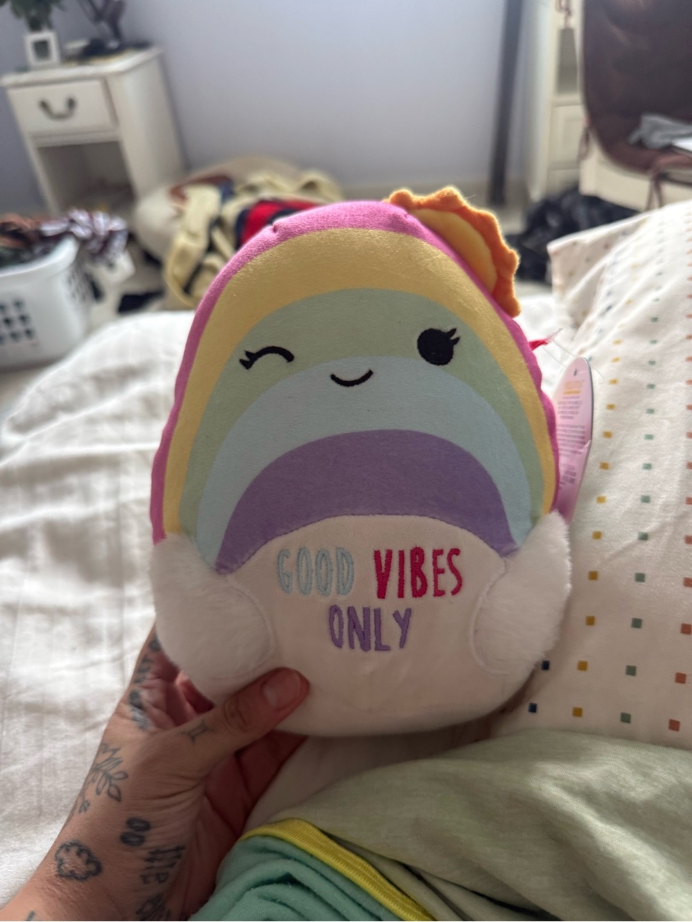 Plush Rainbow 'Good Vibes Only' Kids squishmallow  - Pink, Yellow, Purple